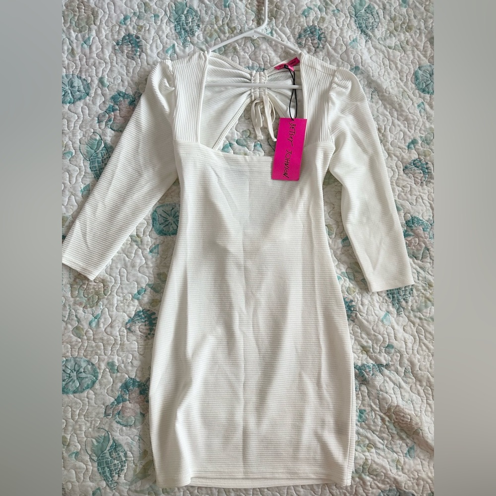 Betsey Johnson White Ribbed Knit Ruched Cutout Bodycon Dress